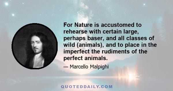 For Nature is accustomed to rehearse with certain large, perhaps baser, and all classes of wild (animals), and to place in the imperfect the rudiments of the perfect animals.