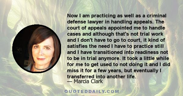 Now I am practicing as well as a criminal defense lawyer in handling appeals. The court of appeals appointed me to handle cases and although that's not trial work and I don't have to go to court, it kind of satisfies