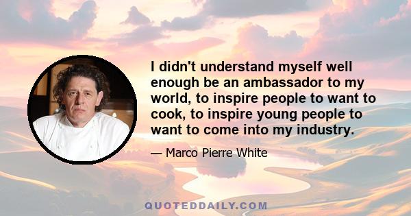 I didn't understand myself well enough be an ambassador to my world, to inspire people to want to cook, to inspire young people to want to come into my industry.