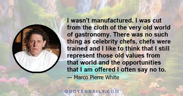 I wasn't manufactured. I was cut from the cloth of the very old world of gastronomy. There was no such thing as celebrity chefs, chefs were trained and I like to think that I still represent those old values from that