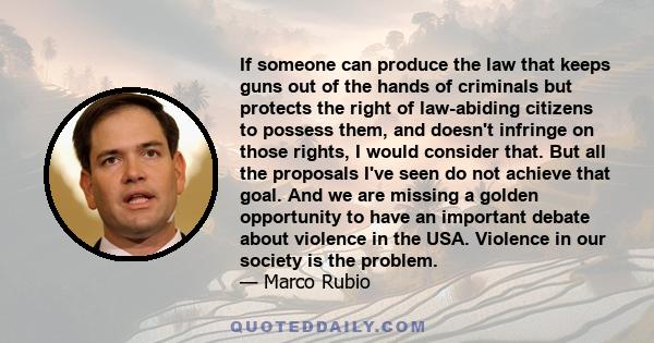 If someone can produce the law that keeps guns out of the hands of criminals but protects the right of law-abiding citizens to possess them, and doesn't infringe on those rights, I would consider that. But all the