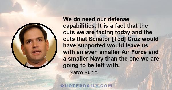 We do need our defense capabilities. It is a fact that the cuts we are facing today and the cuts that Senator [Ted] Cruz would have supported would leave us with an even smaller Air Force and a smaller Navy than the one 