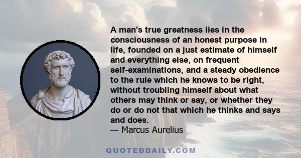 A man's true greatness lies in the consciousness of an honest purpose in life, founded on a just estimate of himself and everything else, on frequent self-examinations, and a steady obedience to the rule which he knows