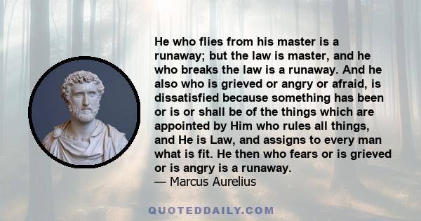 He who flies from his master is a runaway; but the law is master, and he who breaks the law is a runaway. And he also who is grieved or angry or afraid, is dissatisfied because something has been or is or shall be of