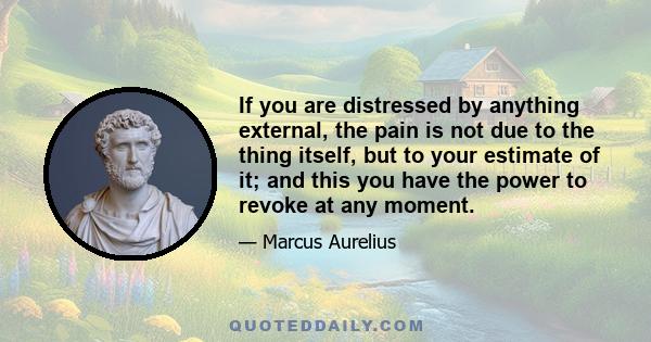 If you are distressed by anything external, the pain is not due to the thing itself, but to your estimate of it; and this you have the power to revoke at any moment.