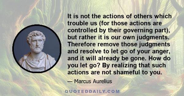 It is not the actions of others which trouble us (for those actions are controlled by their governing part), but rather it is our own judgments. Therefore remove those judgments and resolve to let go of your anger, and