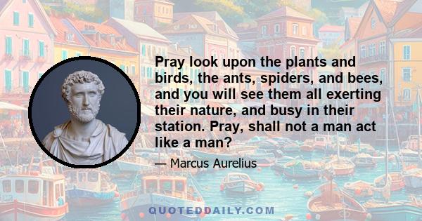 Pray look upon the plants and birds, the ants, spiders, and bees, and you will see them all exerting their nature, and busy in their station. Pray, shall not a man act like a man?