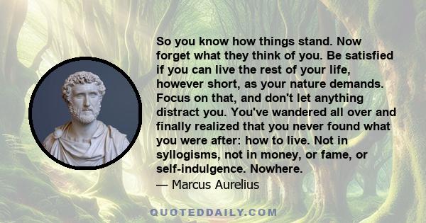 So you know how things stand. Now forget what they think of you. Be satisfied if you can live the rest of your life, however short, as your nature demands. Focus on that, and don't let anything distract you. You've