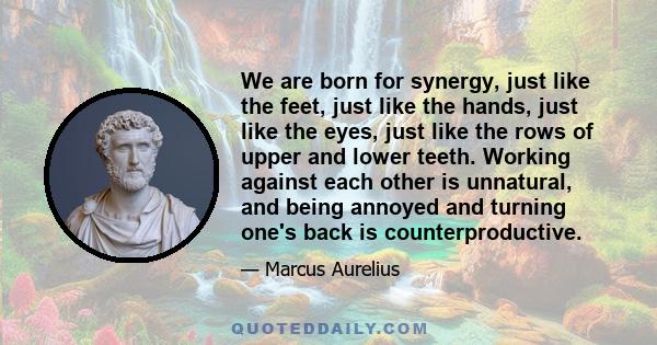 We are born for synergy, just like the feet, just like the hands, just like the eyes, just like the rows of upper and lower teeth. Working against each other is unnatural, and being annoyed and turning one's back is