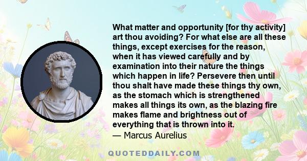 What matter and opportunity [for thy activity] art thou avoiding? For what else are all these things, except exercises for the reason, when it has viewed carefully and by examination into their nature the things which