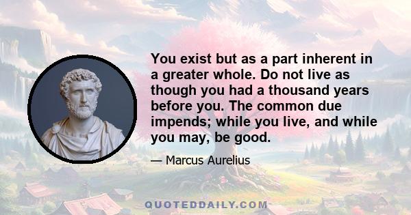 You exist but as a part inherent in a greater whole. Do not live as though you had a thousand years before you. The common due impends; while you live, and while you may, be good.