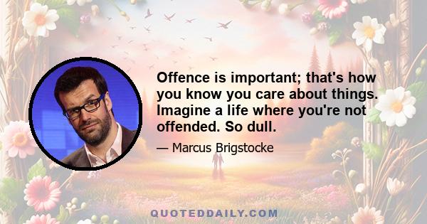 Offence is important; that's how you know you care about things. Imagine a life where you're not offended. So dull.