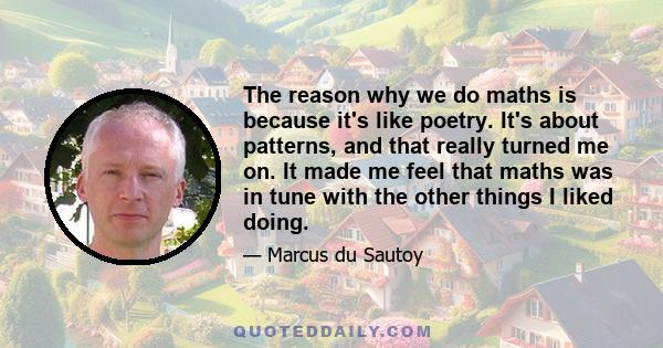 The reason why we do maths is because it's like poetry. It's about patterns, and that really turned me on. It made me feel that maths was in tune with the other things I liked doing.