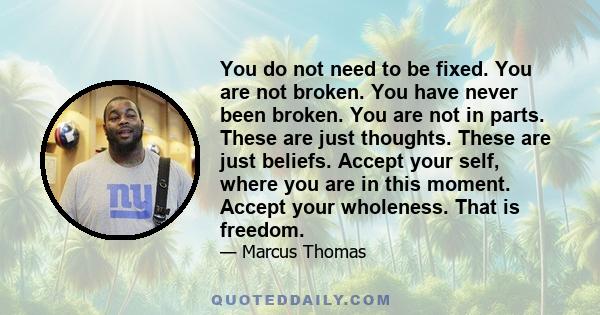 You do not need to be fixed. You are not broken. You have never been broken. You are not in parts. These are just thoughts. These are just beliefs. Accept your self, where you are in this moment. Accept your wholeness.