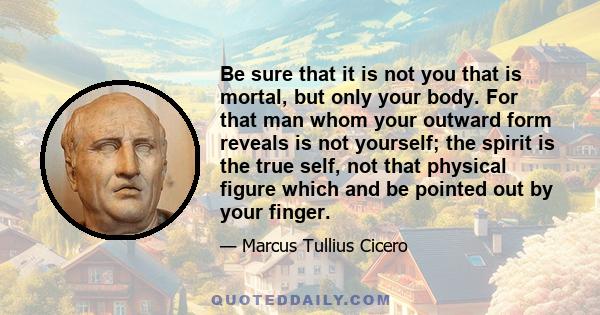 Be sure that it is not you that is mortal, but only your body. For that man whom your outward form reveals is not yourself; the spirit is the true self, not that physical figure which and be pointed out by your finger.