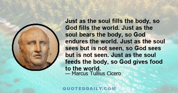 Just as the soul fills the body, so God fills the world. Just as the soul bears the body, so God endures the world. Just as the soul sees but is not seen, so God sees but is not seen. Just as the soul feeds the body, so 