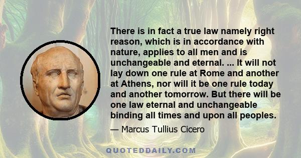 There is in fact a true law namely right reason, which is in accordance with nature, applies to all men and is unchangeable and eternal. ... It will not lay down one rule at Rome and another at Athens, nor will it be