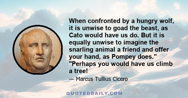 When confronted by a hungry wolf, it is unwise to goad the beast, as Cato would have us do. But it is equally unwise to imagine the snarling animal a friend and offer your hand, as Pompey does. Perhaps you would have us 