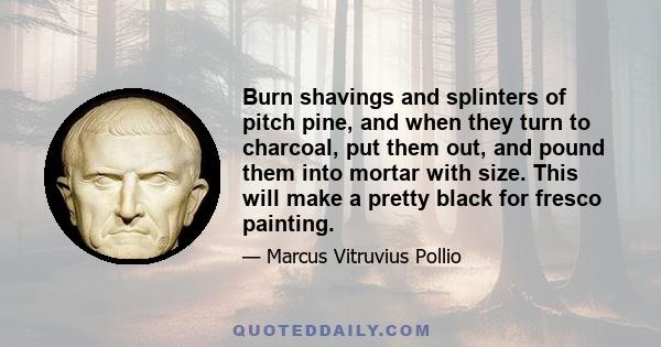 Burn shavings and splinters of pitch pine, and when they turn to charcoal, put them out, and pound them into mortar with size. This will make a pretty black for fresco painting.