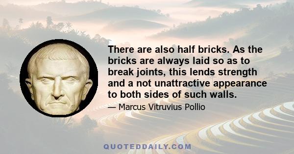 There are also half bricks. As the bricks are always laid so as to break joints, this lends strength and a not unattractive appearance to both sides of such walls.