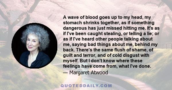 A wave of blood goes up to my head, my stomach shrinks together, as if something dangerous has just missed hitting me. It's as if I've been caught stealing, or telling a lie; or as if I've heard other people talking