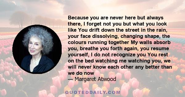 Because you are never here but always there, I forget not you but what you look like You drift down the street in the rain, your face dissolving, changing shape, the colours running together My walls absorb you, breathe 