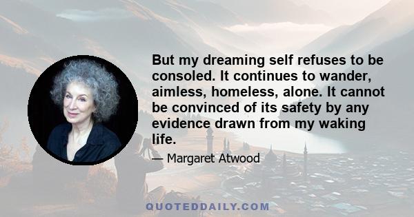 But my dreaming self refuses to be consoled. It continues to wander, aimless, homeless, alone. It cannot be convinced of its safety by any evidence drawn from my waking life.