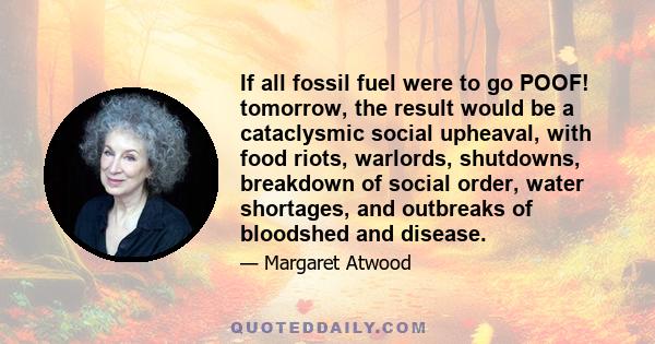 If all fossil fuel were to go POOF! tomorrow, the result would be a cataclysmic social upheaval, with food riots, warlords, shutdowns, breakdown of social order, water shortages, and outbreaks of bloodshed and disease.