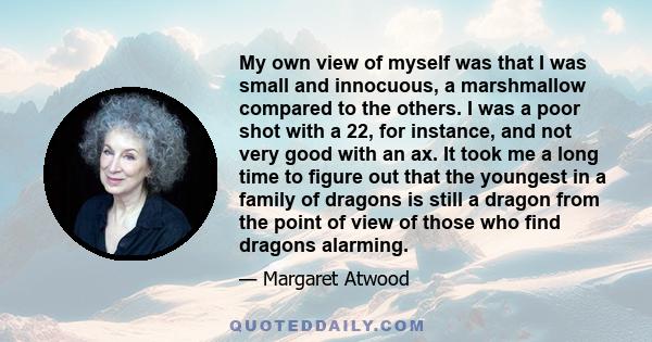 My own view of myself was that I was small and innocuous, a marshmallow compared to the others. I was a poor shot with a 22, for instance, and not very good with an ax. It took me a long time to figure out that the