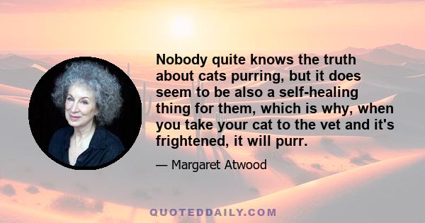 Nobody quite knows the truth about cats purring, but it does seem to be also a self-healing thing for them, which is why, when you take your cat to the vet and it's frightened, it will purr.