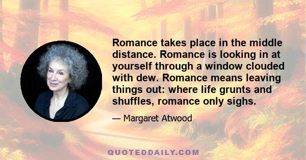 Romance takes place in the middle distance. Romance is looking in at yourself through a window clouded with dew. Romance means leaving things out: where life grunts and shuffles, romance only sighs.