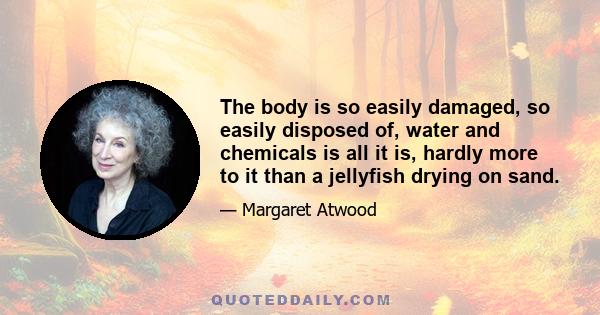 The body is so easily damaged, so easily disposed of, water and chemicals is all it is, hardly more to it than a jellyfish drying on sand.