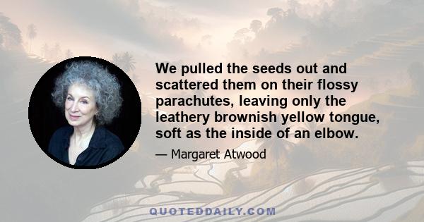 We pulled the seeds out and scattered them on their flossy parachutes, leaving only the leathery brownish yellow tongue, soft as the inside of an elbow.