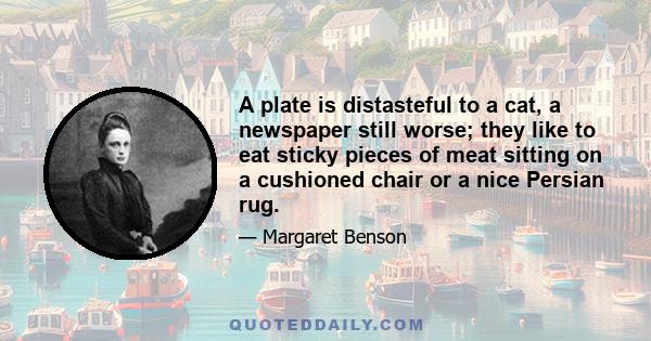 A plate is distasteful to a cat, a newspaper still worse; they like to eat sticky pieces of meat sitting on a cushioned chair or a nice Persian rug.