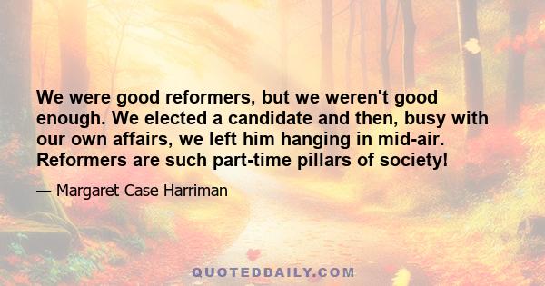 We were good reformers, but we weren't good enough. We elected a candidate and then, busy with our own affairs, we left him hanging in mid-air. Reformers are such part-time pillars of society!