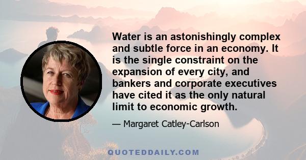 Water is an astonishingly complex and subtle force in an economy. It is the single constraint on the expansion of every city, and bankers and corporate executives have cited it as the only natural limit to economic