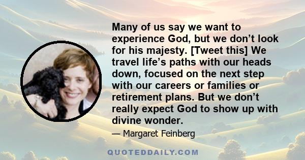 Many of us say we want to experience God, but we don’t look for his majesty. [Tweet this] We travel life’s paths with our heads down, focused on the next step with our careers or families or retirement plans. But we