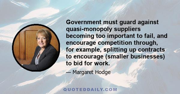 Government must guard against quasi-monopoly suppliers becoming too important to fail, and encourage competition through, for example, splitting up contracts to encourage (smaller businesses) to bid for work.