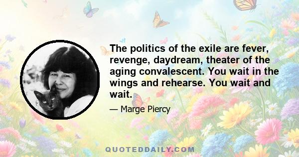 The politics of the exile are fever, revenge, daydream, theater of the aging convalescent. You wait in the wings and rehearse. You wait and wait.