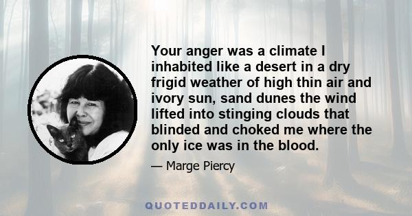 Your anger was a climate I inhabited like a desert in a dry frigid weather of high thin air and ivory sun, sand dunes the wind lifted into stinging clouds that blinded and choked me where the only ice was in the blood.