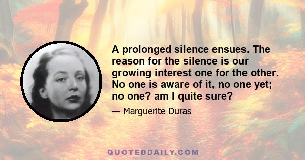 A prolonged silence ensues. The reason for the silence is our growing interest one for the other. No one is aware of it, no one yet; no one? am I quite sure?