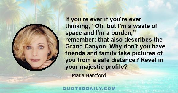 If you're ever if you're ever thinking, “Oh, but I'm a waste of space and I'm a burden,” remember: that also describes the Grand Canyon. Why don't you have friends and family take pictures of you from a safe distance?