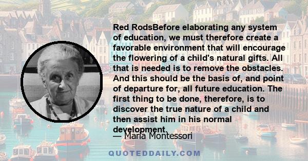 Red RodsBefore elaborating any system of education, we must therefore create a favorable environment that will encourage the flowering of a child's natural gifts. All that is needed is to remove the obstacles. And this