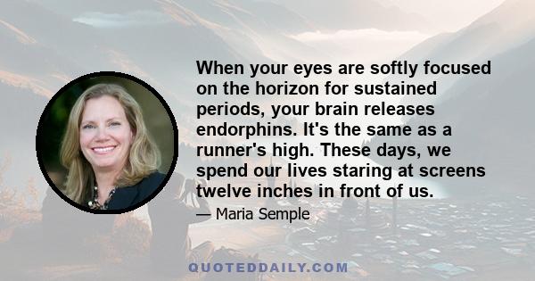 When your eyes are softly focused on the horizon for sustained periods, your brain releases endorphins. It's the same as a runner's high. These days, we spend our lives staring at screens twelve inches in front of us.