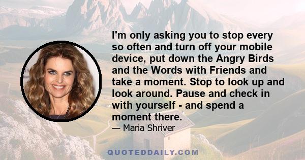 I'm only asking you to stop every so often and turn off your mobile device, put down the Angry Birds and the Words with Friends and take a moment. Stop to look up and look around. Pause and check in with yourself - and