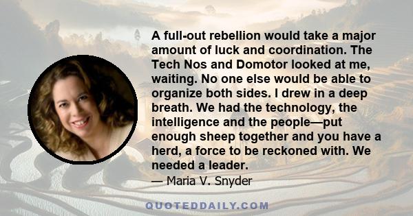 A full-out rebellion would take a major amount of luck and coordination. The Tech Nos and Domotor looked at me, waiting. No one else would be able to organize both sides. I drew in a deep breath. We had the technology,