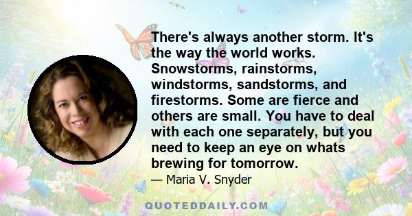 There's always another storm. It's the way the world works. Snowstorms, rainstorms, windstorms, sandstorms, and firestorms. Some are fierce and others are small. You have to deal with each one separately, but you need