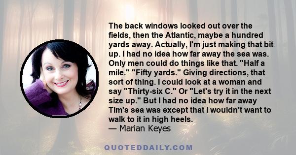 The back windows looked out over the fields, then the Atlantic, maybe a hundred yards away. Actually, I'm just making that bit up. I had no idea how far away the sea was. Only men could do things like that. Half a mile. 