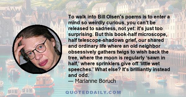 To walk into Bill Olsen's poems is to enter a mind so weirdly curious, you can't be released to sadness, not yet: it's just too surprising. But this book-half microscope, half telescope-shadows grief, our shared and