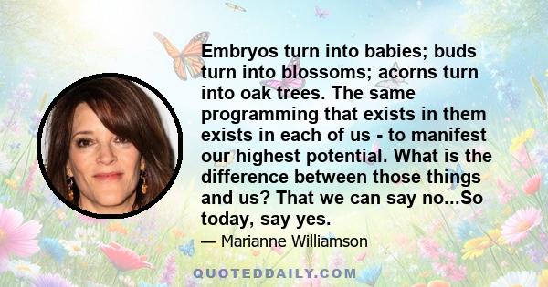 Embryos turn into babies; buds turn into blossoms; acorns turn into oak trees. The same programming that exists in them exists in each of us - to manifest our highest potential. What is the difference between those